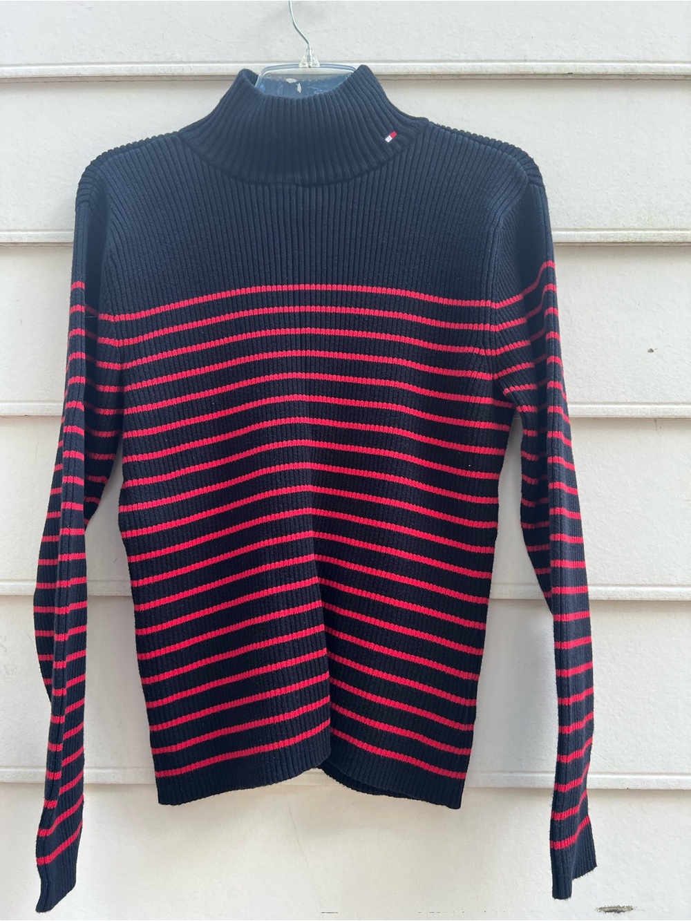 Tommy Hilfiger Black and Red Striped Ribbed Turtleneck Sweater